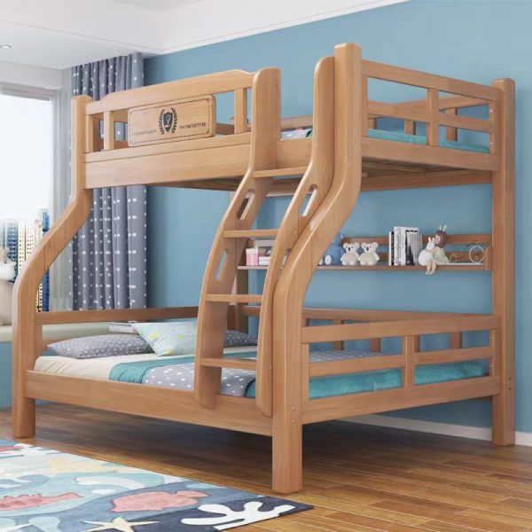 "Natural Finish Rubberwood Kids Bunk Bed with 2/6 Drawers, Underbed Storage, Ladder, and Guardrail Supporting Multiple Mattress Sizes"
