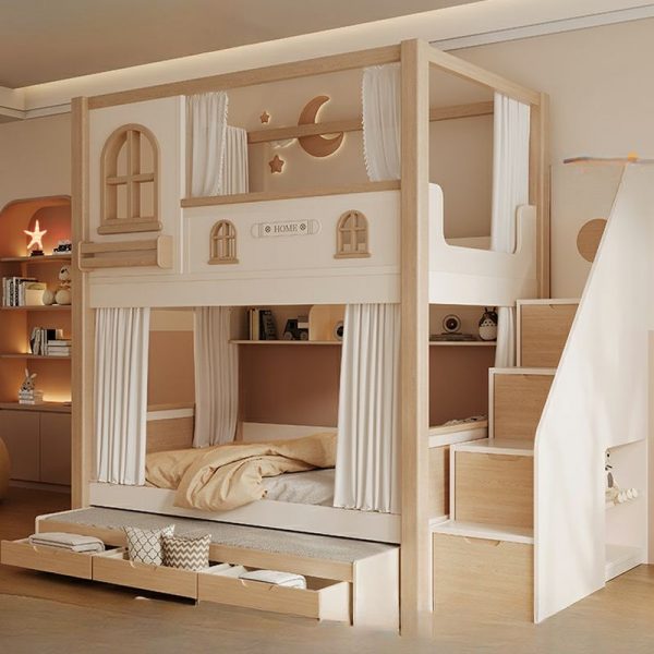 "Natural Color Bunk Children's Bed with 7 Drawers/4 Drawers Repository, Coir Mattress, Book Storage, Stairs, and Guardrail"