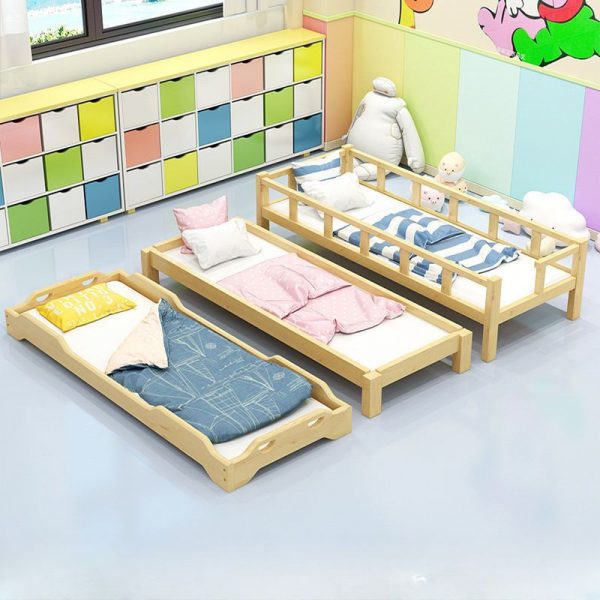"Natural Finish Minimalist Natural Wood Standard Children Bed for Gender Neutral"
