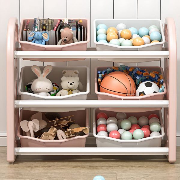 "Simplistic Standard Children's Bookshelf with 3 Shelves, Vertical Orientation, Open Back, Plastic Shelf, Double-sided, 6 Boxes"