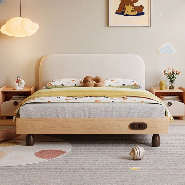 "Trendy Wood Color Natural Wood Standard Children Bed with Linen Upholstery and Headboard, Gender Neutral"