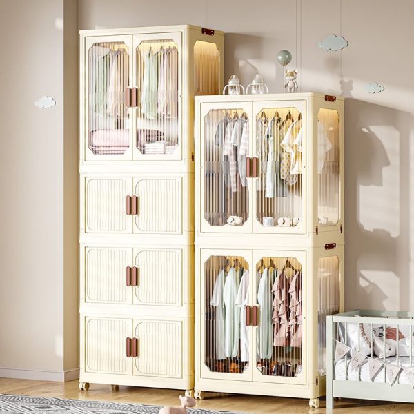 "Beige Synthetic Material Children's Wardrobe with Shelf, Clothing Rod, and Door"