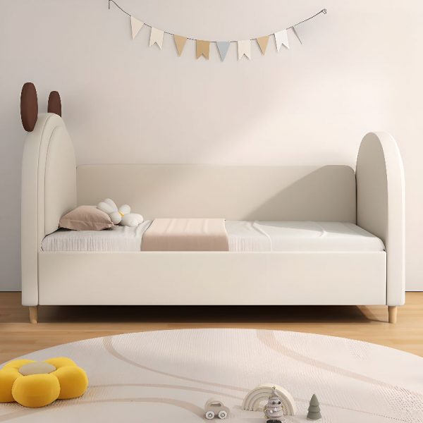 "Natural Wood Standard Children Bed with Animal Theme, Artificial Leather Upholstery, Coir Mattress, Headboard & Footboard"