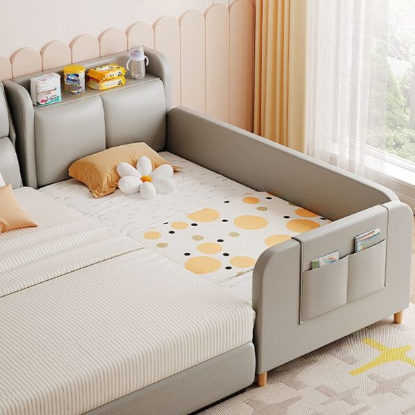 "Dove Grey Wood Standard Children Bed with Artificial Leather, Mattress, Panel Headboard, Guardrail, and Storage"