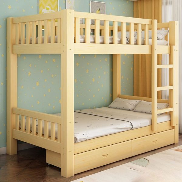 "Lumber Guardrail Gender Neutral Bunk Children's Bed with Wood Color Ladder in a Modern Simple Style, Coir Mattress Included/Not Included"