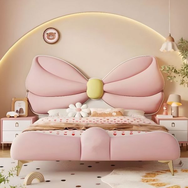 "Simplistic Peony Genuine Leather Girl/ Woman+ Standard Kids Bed with Wood Frame Headboard and Coir Mattress"