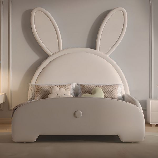 "Simple Cream Genuine Leather Gender Neutral Standard Kids Bed with Lumber Frame, Headboard and Coir Mattress"