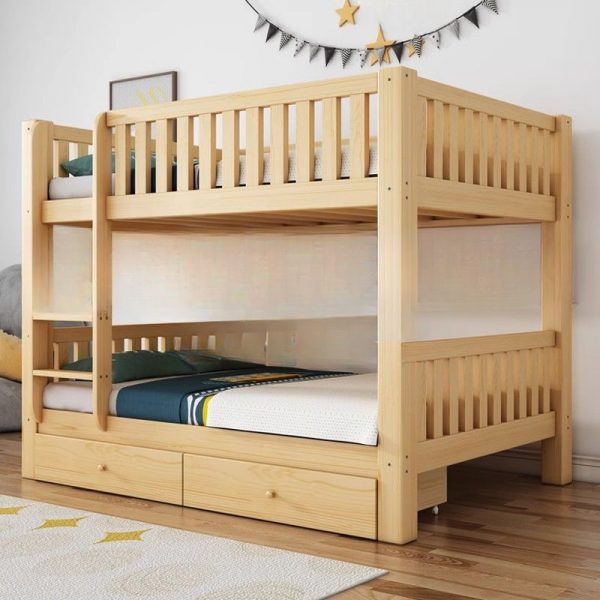 "Natural Color Contemporary Wood Kids Bunk Bed with 2 Drawers, Underbed Storage, Ladder, and Guardrail"