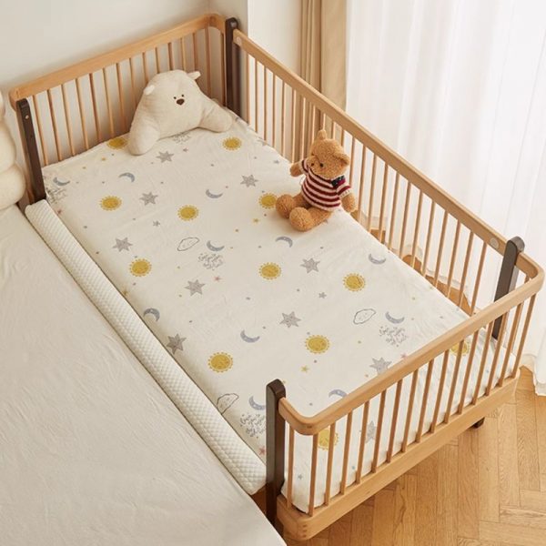 "Natural Color Art Deco Wood Standard Children Bed with Coir Mattress & Guardrail for Gender Neutral"