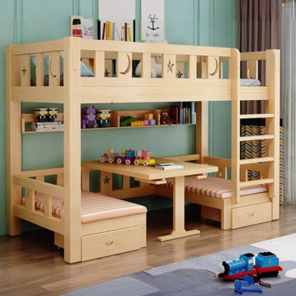"Unfinished Color Children Loft Bed with 2 Drawers, Built-in Desk, Spring Mattress, Underbed Storage, Ladder, and Book Organizer"