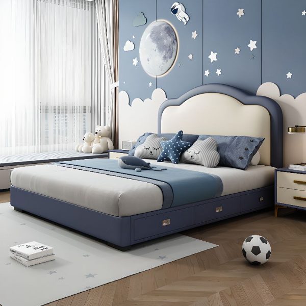 "Gender Neutral Cerulean Art Deco Wood Standard Children Bed with Artificial Leather Headboard & Coir Mattress"
